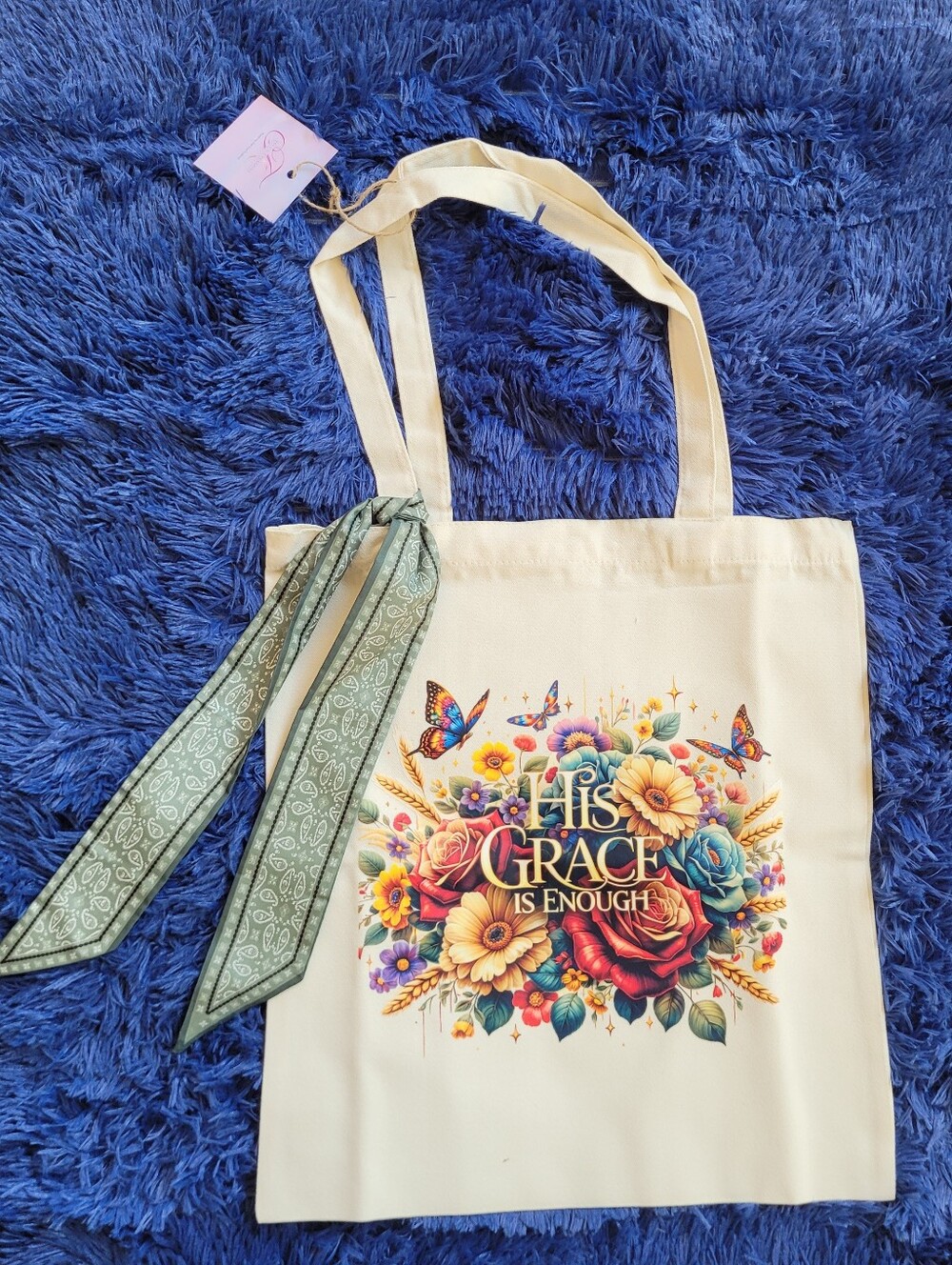 Custom 'His Grace Is Enough' Canvas Tote Bag With Sash